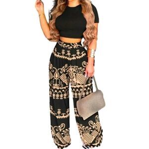 Ladies Bohemian Geo Print Two Piece Pant And Crop Top set